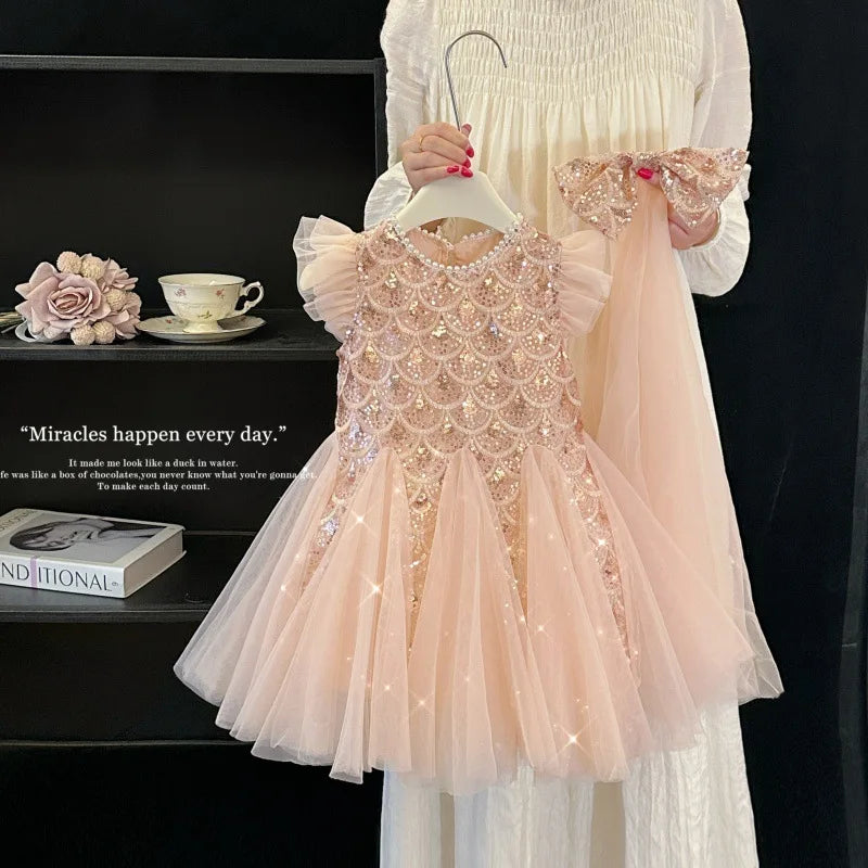 Girls Dress 2025 Summer New Children Elegant Princess Dress Baby Fashion Mesh Flying Sleeve Tank Top Dress