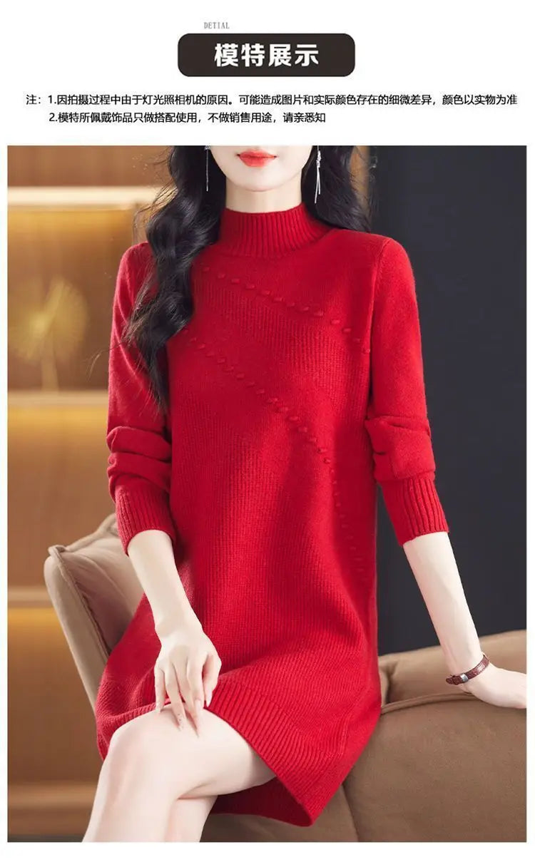 New Vintage Autumn Women's Clothing Half Turtleneck Warm Winter Sweater Dress Long Sleeve Pollovers Top Female Knitwear Jumper