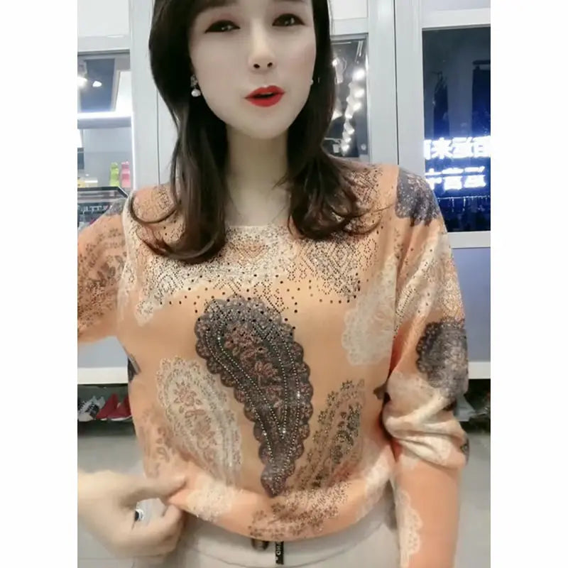 Autumn Winter O Neck Printing Diamonds Sweater Ladies Loose Casual Pullover Knitting Top Women Fashion Trend All-match Jumpers