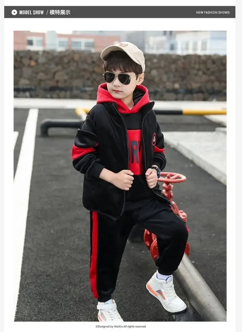 2023 winter Boys tracksuit Autumn Toddler Teenager Clothes vest velvet jacket + Sweatishrt hooded + Pant Children Kids 4 12 year
