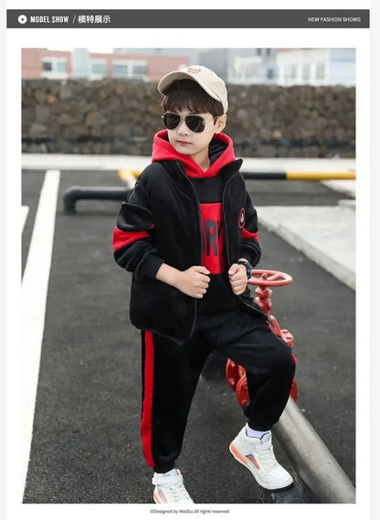 2023 winter Boys tracksuit Autumn Toddler Teenager Clothes vest velvet jacket + Sweatishrt hooded + Pant Children Kids 4 12 year
