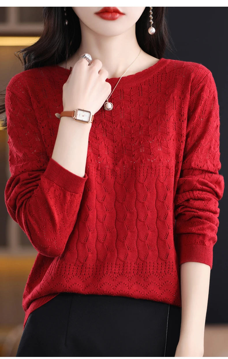Worsted Wool Sweater Women's Spring 2023 New Western-Style Solid Color Round Neck Top With Long Sleeve Bottom Hollowed-Out Thin