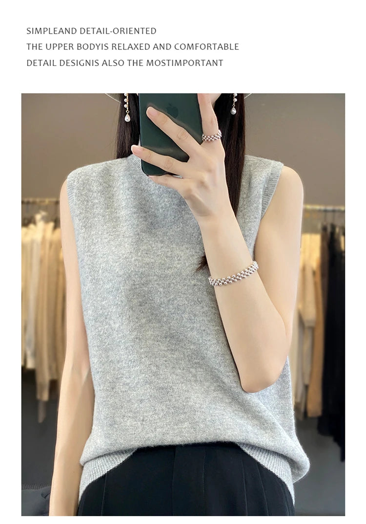 2024 Cashmere Vest Women's 100% Merino Wool Pullover Indoor Sleeveless Sweater Half-turtleneck Office Tops Waistcoat