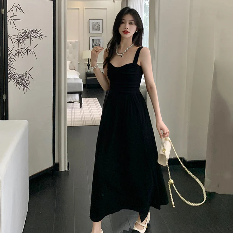 New Summer Women Elegant Black Suspender Dress Lady Concise Beach Prom Goddess Dress Female Classic Backless Ruched Long Dress