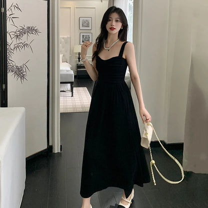 New Summer Women Elegant Black Suspender Dress Lady Concise Beach Prom Goddess Dress Female Classic Backless Ruched Long Dress