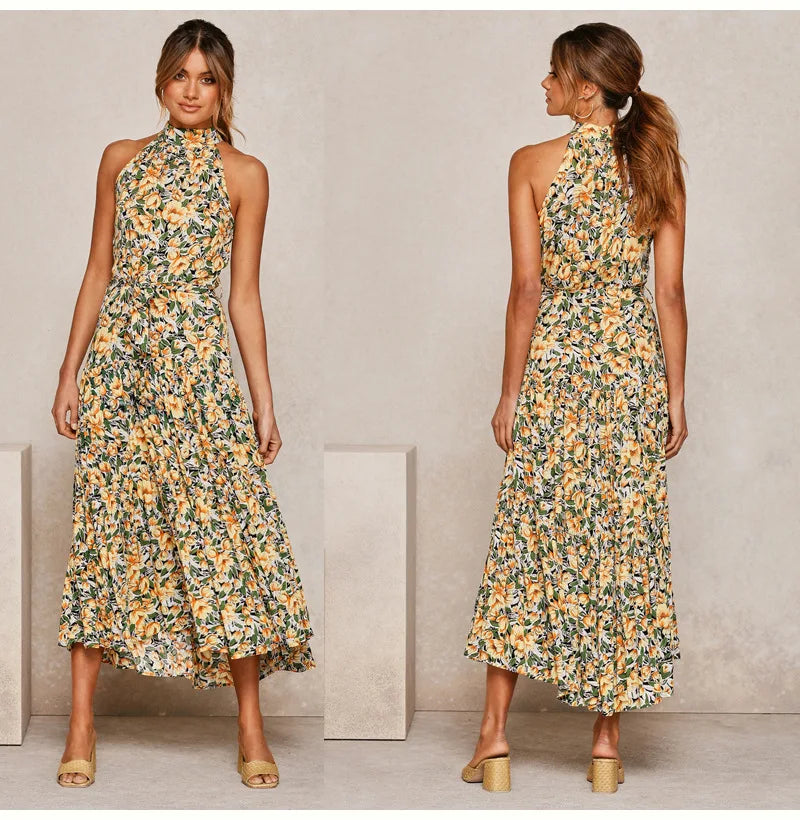 Summer Floral Print Halter Neck Dresses For Women Sleeveless Leace-up Long Dress Casual Beach Holiday Vestidos Female Clothing