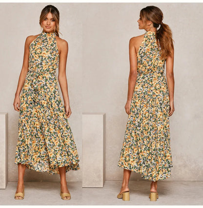 Summer Floral Print Halter Neck Dresses For Women Sleeveless Leace-up Long Dress Casual Beach Holiday Vestidos Female Clothing