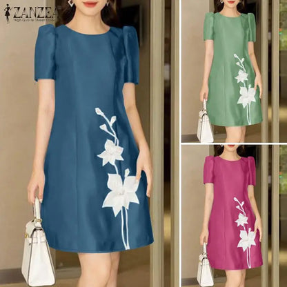 Women Elegant Party Dress Summer Casual Floral Work Vestidos Robe Sarafan 2024 ZANZEA Fashion Short Sleeve Embroidery Dresses