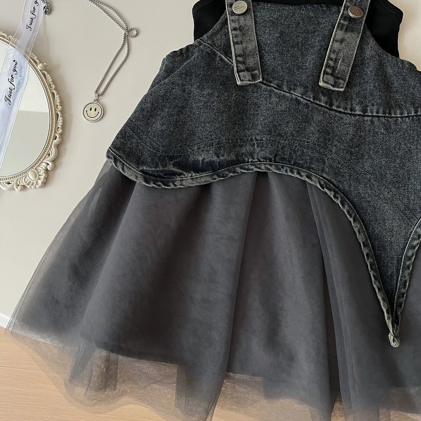 Girls Summer Dress 2025 New Summer Strap Dress Children Princess Denim Fashion Yarn Patchwork Dress