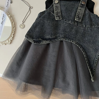 Girls Summer Dress 2025 New Summer Strap Dress Children Princess Denim Fashion Yarn Patchwork Dress