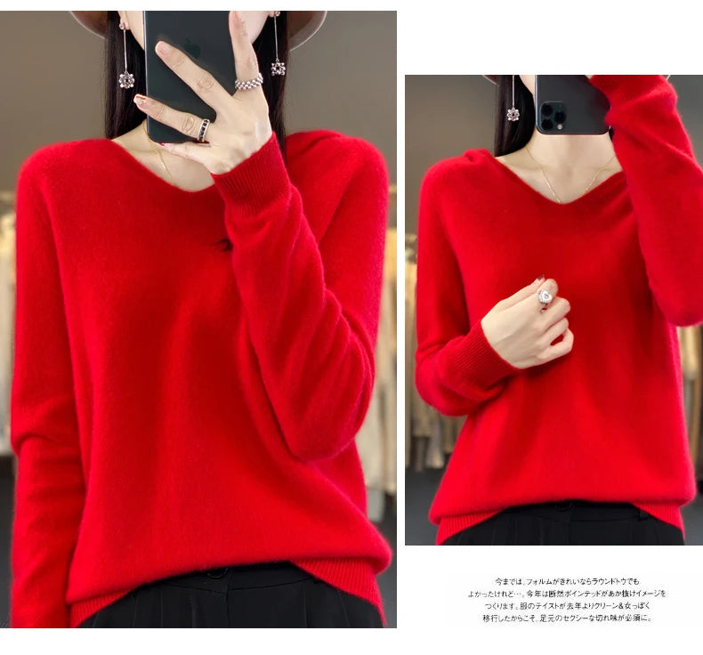 2024 100% Merino Pure Wool V-neck Hoodie Autumn/Winter Hoodie New Cashmere Sweater Women's Casual Knitted Top DMR207