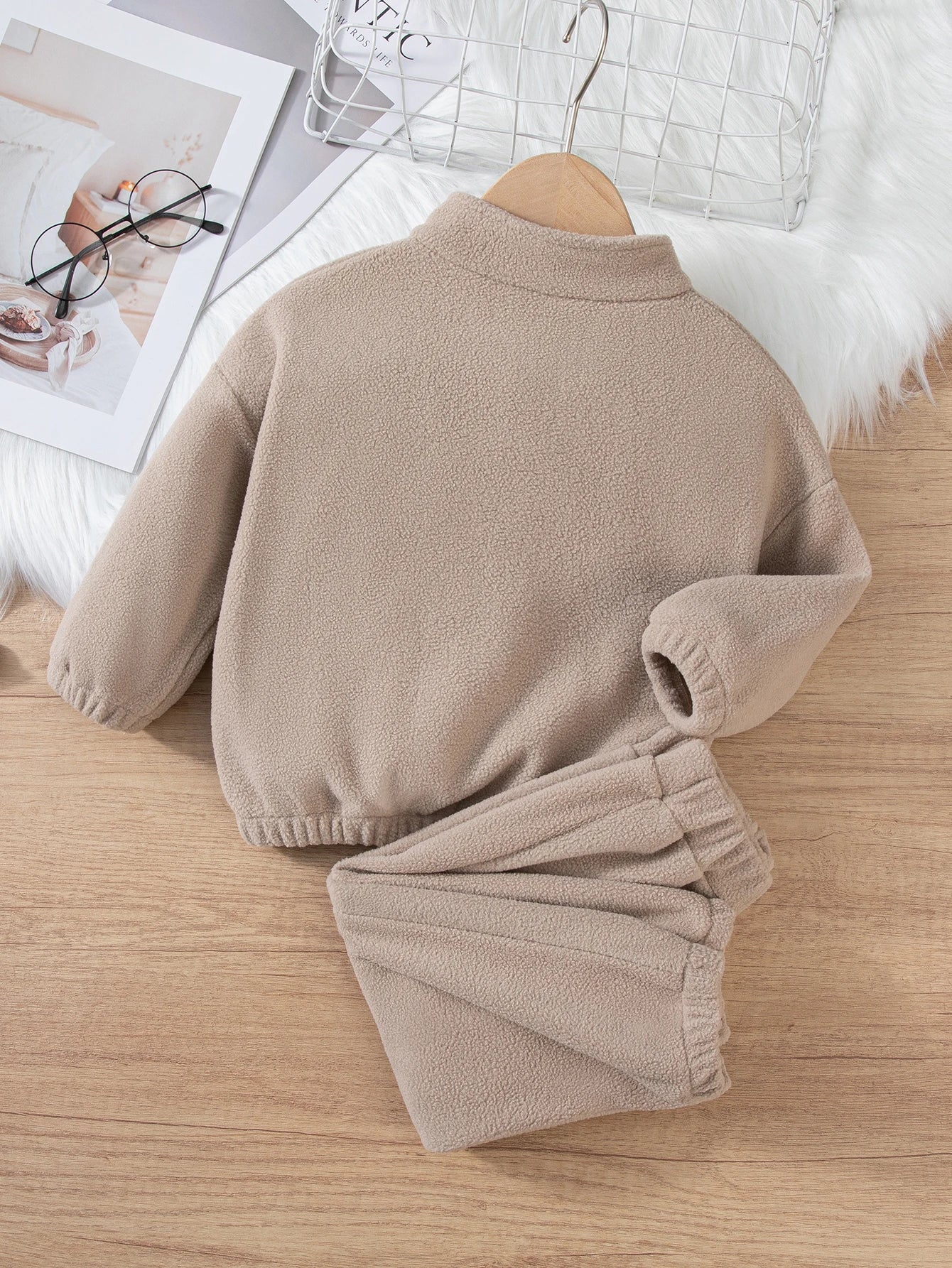 Girls Winter Casual Outfit Solid Color Fleece Thickened Hoodie Pants Clothes Set Half-Zip Children Sweater Sets