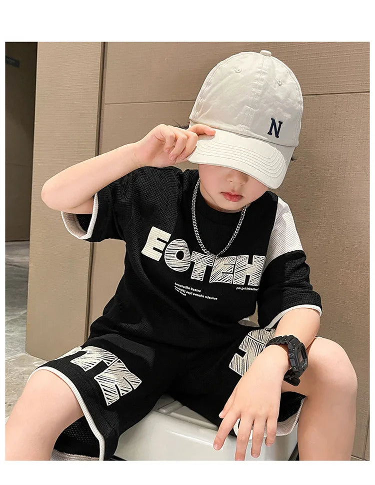 4 5 6 8 10 12 14 Years Summer Boys Clothing Sets New Fashion Letter Top + Shorts 2Pcs Kids Tracksuit Birthday Gifts Kids Clothes