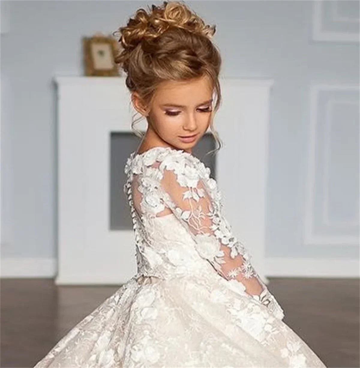 White Flower Girl Dresses for Wedding Floral Lace Appliques Floor Length Princess Kids Birthday Party Communion Party Gown