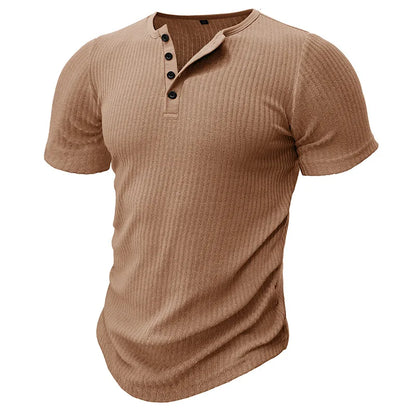 Summer Trend Men's Short Sleeve Casual T-Shirts Solid Henley Neck Button Up Pullover Tops Spring Turn Down Collar Basic Shirt