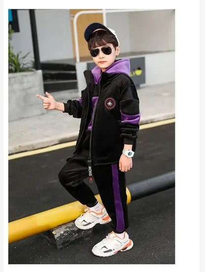 2023 winter Boys tracksuit Autumn Toddler Teenager Clothes vest velvet jacket + Sweatishrt hooded + Pant Children Kids 4 12 year