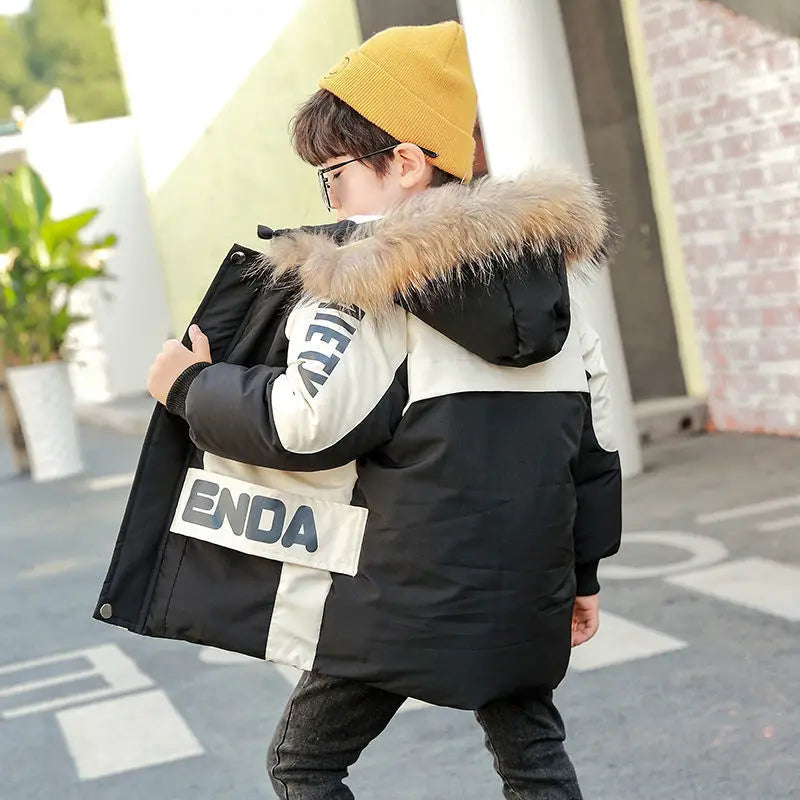 Winter Boys Coat 2023 New Baby Fur Collar Hooded Cotton Plus Velvet Thicken Warm Jacket For Children's Coat For Boys 2-8Years