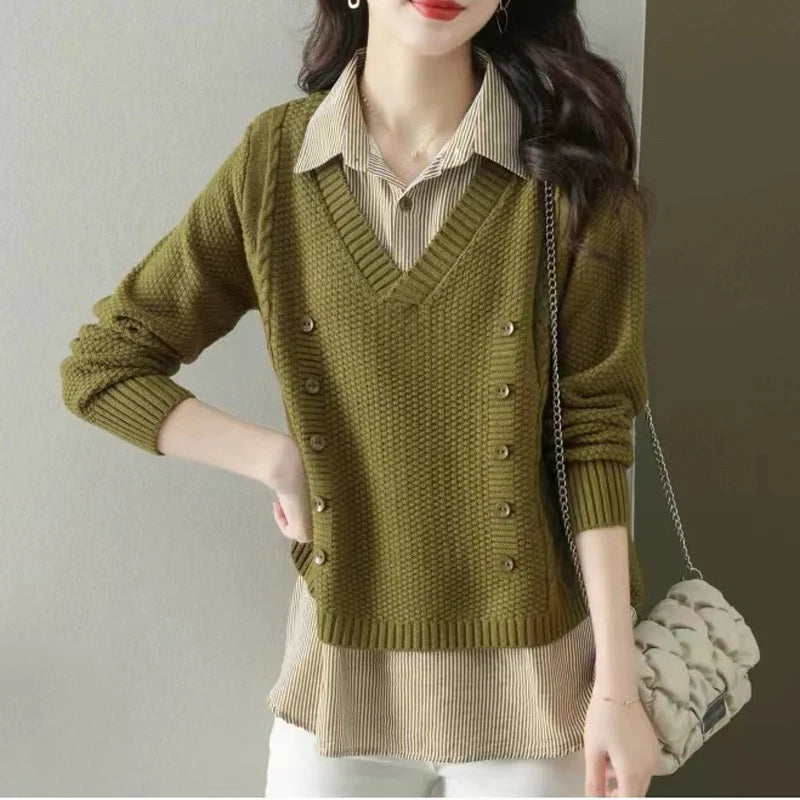 New Fake Two Piece Top Knit Sweater Women's Splice Shirt Collar Spring Autumn  Korean Loose Long Sleeve Sweater Female Pullover