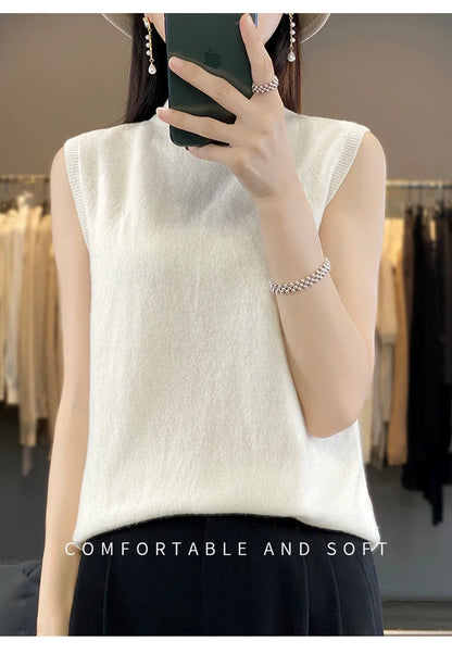 2024 Cashmere Vest Women's 100% Merino Wool Pullover Indoor Sleeveless Sweater Half-turtleneck Office Tops Waistcoat