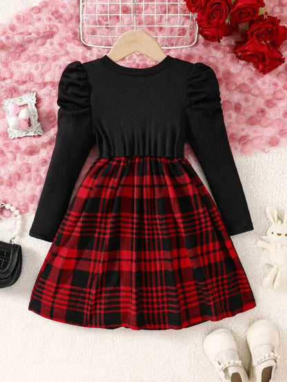 Girls' Autumn and Winter Casual Fashion Knitted Round Neck Ribbed Horn Sleeve Plaid Dress Campus Dress