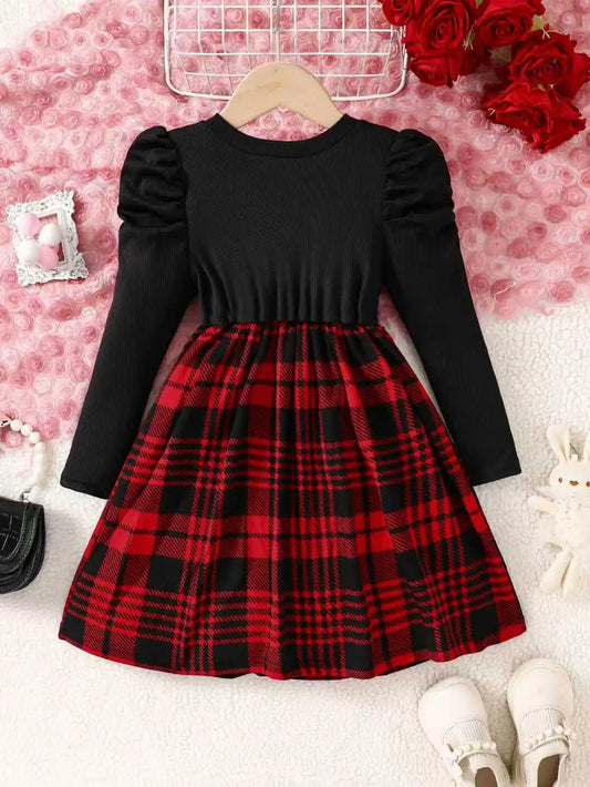 Girls' Autumn and Winter Casual Fashion Knitted Round Neck Ribbed Horn Sleeve Plaid Dress Campus Dress