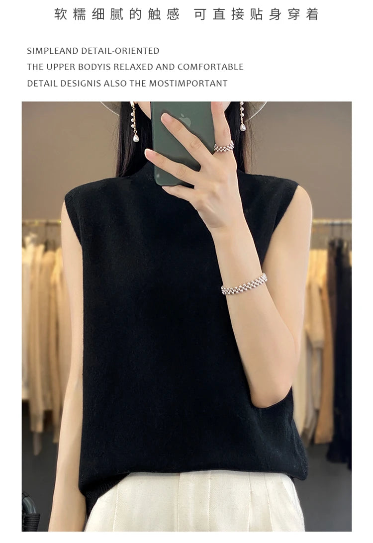 2024 Cashmere Vest Women's 100% Merino Wool Pullover Indoor Sleeveless Sweater Half-turtleneck Office Tops Waistcoat