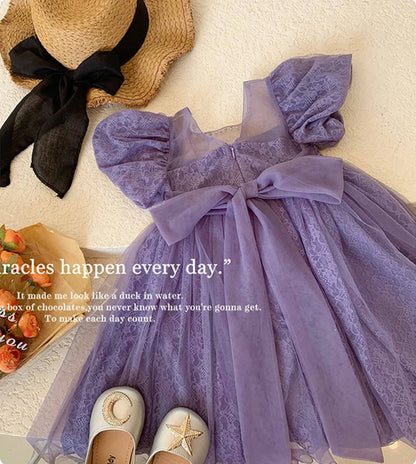 New Girls Party Dress Summer Elegant Princess Dress Purple Mesh Dress 1-9 Years Kids Bow Birthday Party Clothes