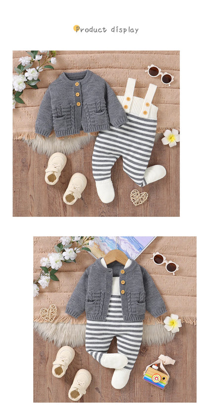 Winter Baby Clothes Set Autumn Casual Long Sleeve Knitted Infant Boys Girls Sweaters Cardigans+Rompers Outfits 2pcs Toddler Wear