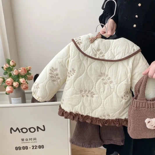 Winter Girls Coat Kids Baby Parkas Cotton Padded Plus Velvet Thickened Warm Children's Coat Solid Girls Embroidery Jacket