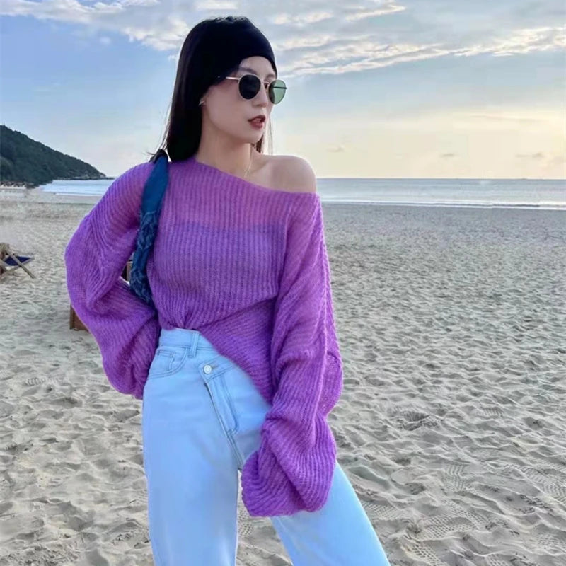 Summer simple hollow out lightweight and slightly transparent long sleeved knitted sweater Spring new women's pullover