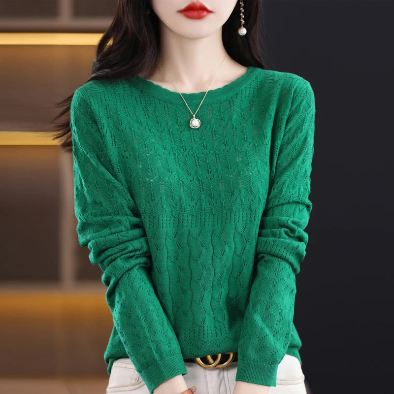 Worsted Wool Sweater Women's Spring 2023 New Western-Style Solid Color Round Neck Top With Long Sleeve Bottom Hollowed-Out Thin