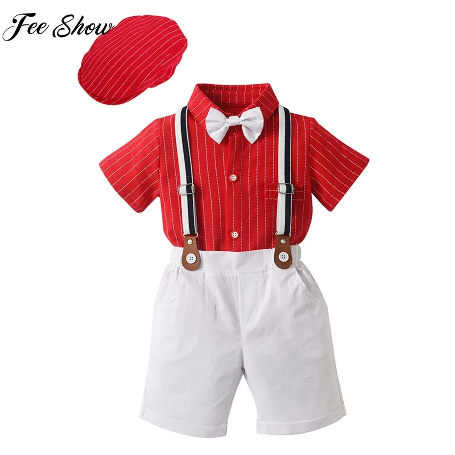 Baby Boys Summer Short Sleeve Lapel Bow Tie Romper with Suspender Shorts Beret Christening Birthday Wedding Party Gentlemen Suit