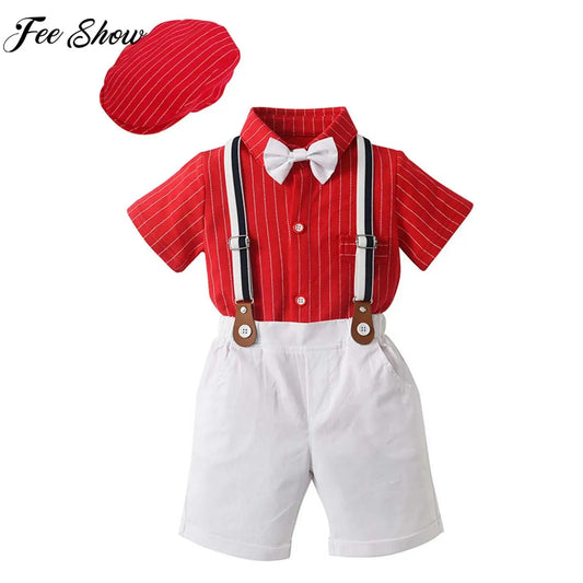 Baby Boys Summer Short Sleeve Lapel Bow Tie Romper with Suspender Shorts Beret Christening Birthday Wedding Party Gentlemen Suit