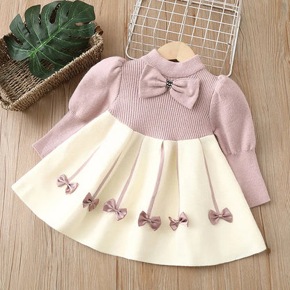 Girls' Sweater Skirt Sweaters Long Dress2025Autumn and Winter New Bow Sweet Princess Dress
