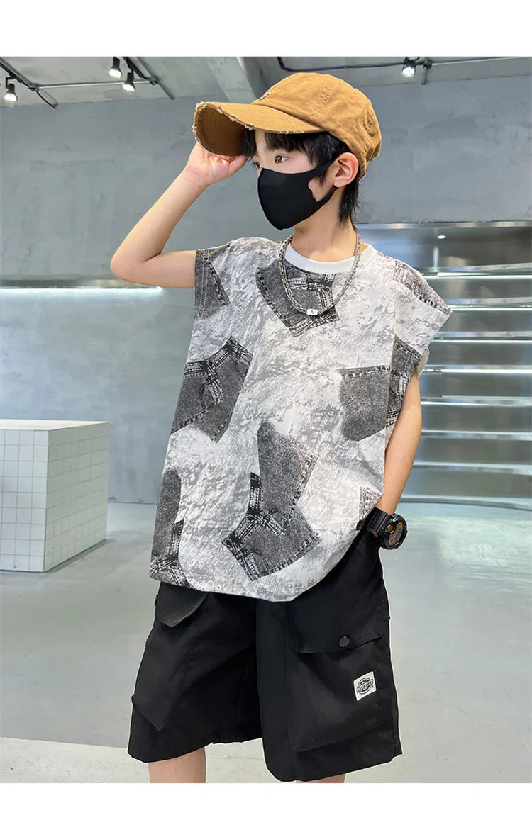 Boys Summer Clothing Sets Sleeveless Top + Shorts Two Pieces Soft Cotton Outfits for Kids Child Age 5 6 7 8 9 10 11 12 13 14 Y