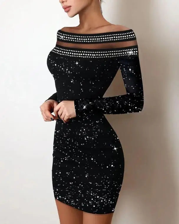 Women's Dresses 2022 Summer Fashion Sexy Off Shoulder Contrast Lace Glitter Plain Skinny Party Mini Long Sleeve Dress