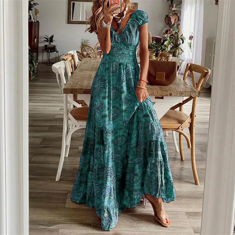 Women's Summer New Ethnic Style Printed Dress  Short-sleeved Waist Dress Fashionable Floral Petal Sleeves Large Hem A-line Dress