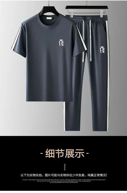 Summer Men's Casual Sportswear Set, Summer Fashion 2-Piece co ord set With Short Sleeve T-Shirt & Side Stripe Pants