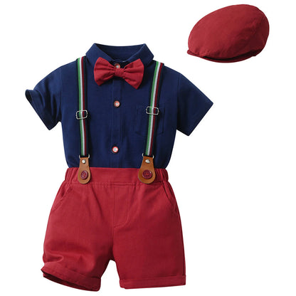 Baby Boys Summer Short Sleeve Lapel Bow Tie Romper with Suspender Shorts Beret Christening Birthday Wedding Party Gentlemen Suit