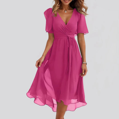 Women Summer Thin Dress Daily Casual Fashion Wrinkles V-Neck Waist Cinching A-Line Zipper Dress Lightweight Comfy Vacation Dress