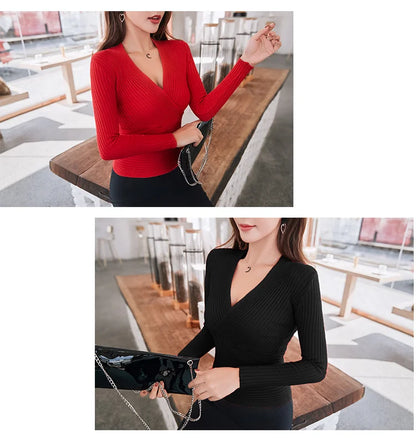 Short Basic Sweaters Women 2025 Sexy Deep V Neck Sweater Women's Pullover Slim Bottoming Sweaters Female Elastic Cotton Tops