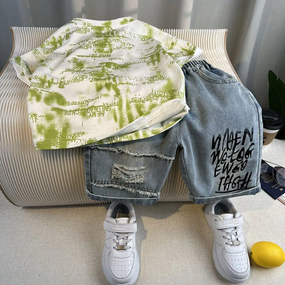 Boys Summer 2025 Boutique Design Outfits Baby Boys Short Sleeve Striped T-Shirt Jeans Shorts 2pcs Korean Clothes for Children