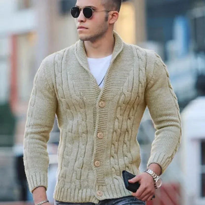 Autumn Winter Men's Warm Knitted Sweater Solid Single-breasted Twisted Texture Cardigan Lapel Slim Buttoned Thick Sweater Male