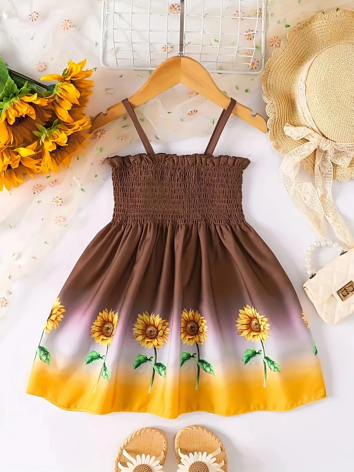 Summer style dress for girls aged 1-8, with suspender straps, pleated sunflower print, rustic style, for baby girls