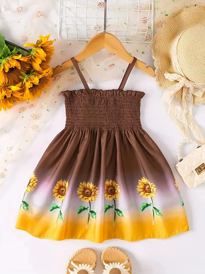 Summer style dress for girls aged 1-8, with suspender straps, pleated sunflower print, rustic style, for baby girls
