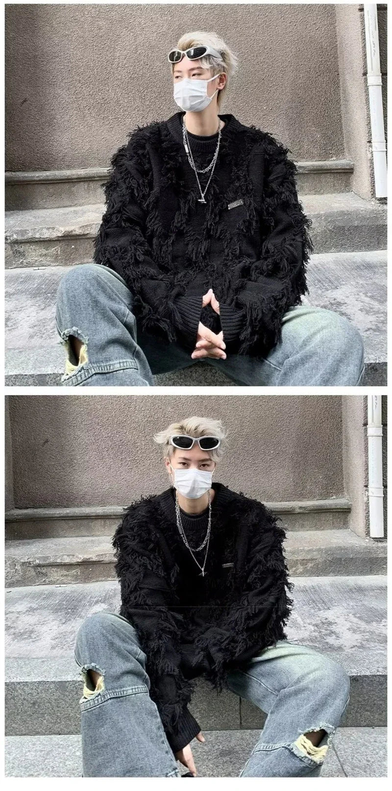 Winter Men's Ripped Fringe Raw Edge Sweater Hip Hop Fashion Knitwear Pullovers Y2K Vintage Streetwear Knitted Jersey Clothes