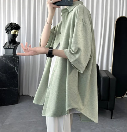 Summer Cool Men Short-sleeved Shirt Solid Color Fashion Plicated Casual Loose Button Shirt Male Clothing Tops