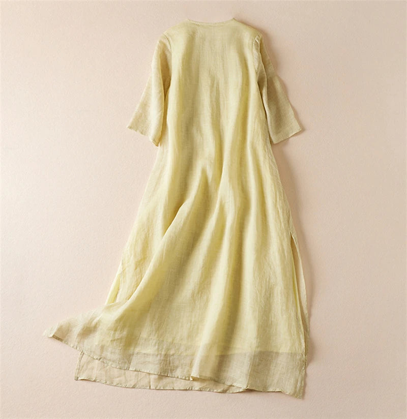 Summer Print Vintage Dresses For Women 2025 New Casual Long Thin Breathable Dress Femme Robe Office Lady Work Elegant Clothing