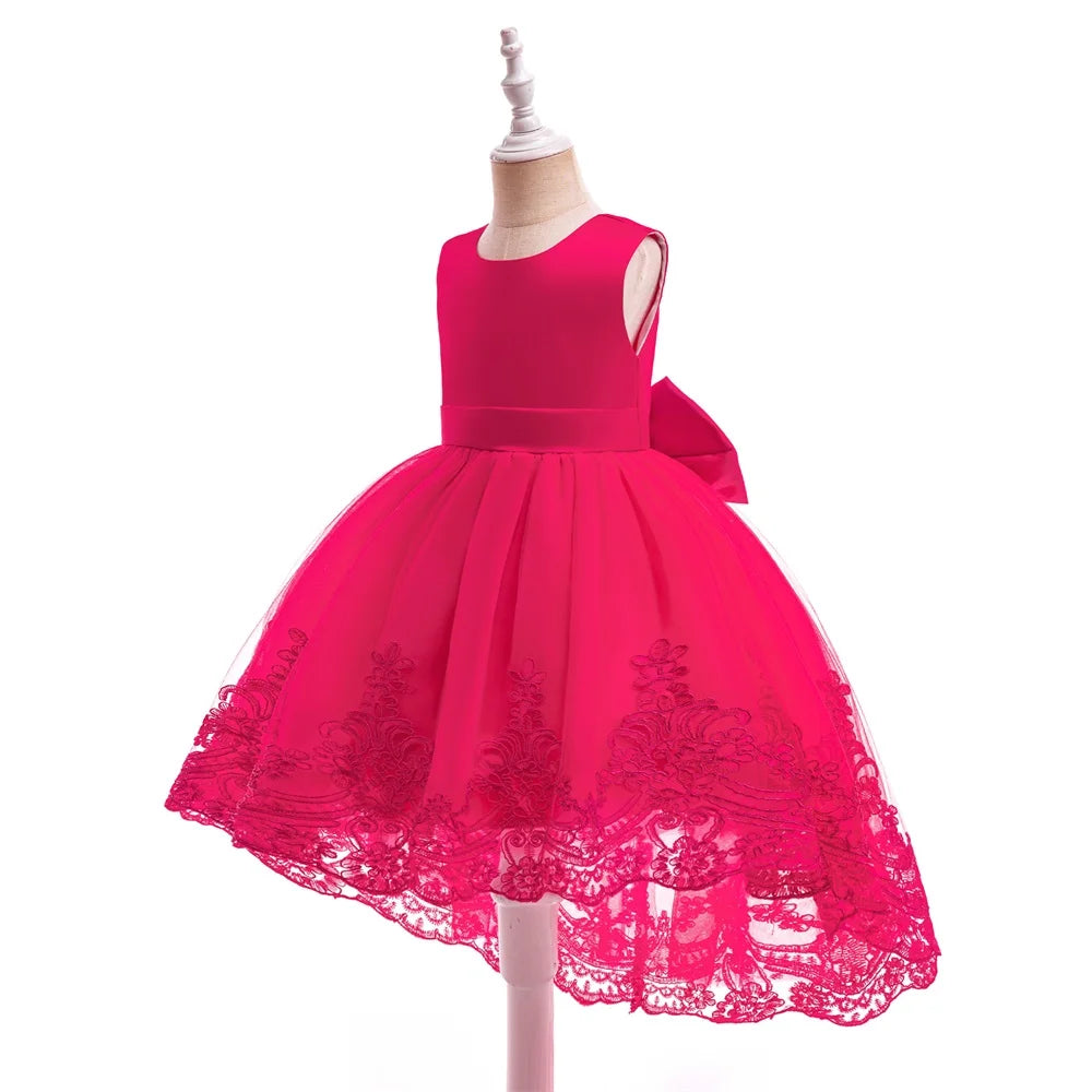 Trailing Party Dresses For Girl Pink Flower Bow Wedding Bridesmaid Girls Dress Elegant Tulle Birthday Princess Evening Prom Gown