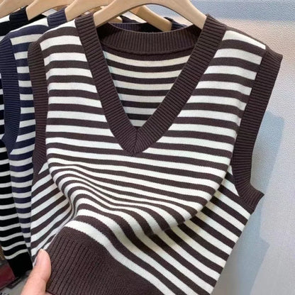 Women Autumn Winter Preppy Style Sweater Vest New Fashion Pullover Elastic Knit Ladies Jumper Casual Stripped Female Basic Tops